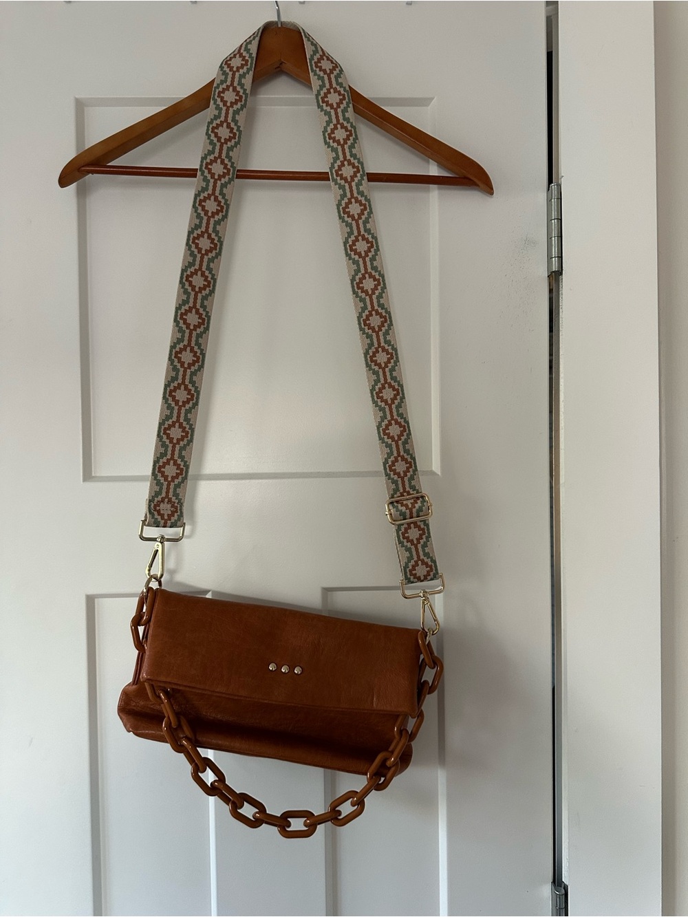 Leather Crossbody Bag with Patterned Adjustable Strap - Brown